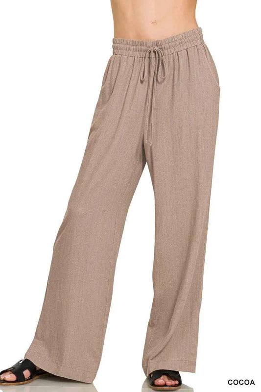 Pantalon lin Zenana à cordon pour un style décontracté - DevilShop