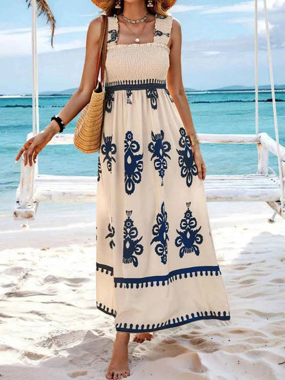 Smocked Printed Wide Strap Maxi Dress - DevilShop