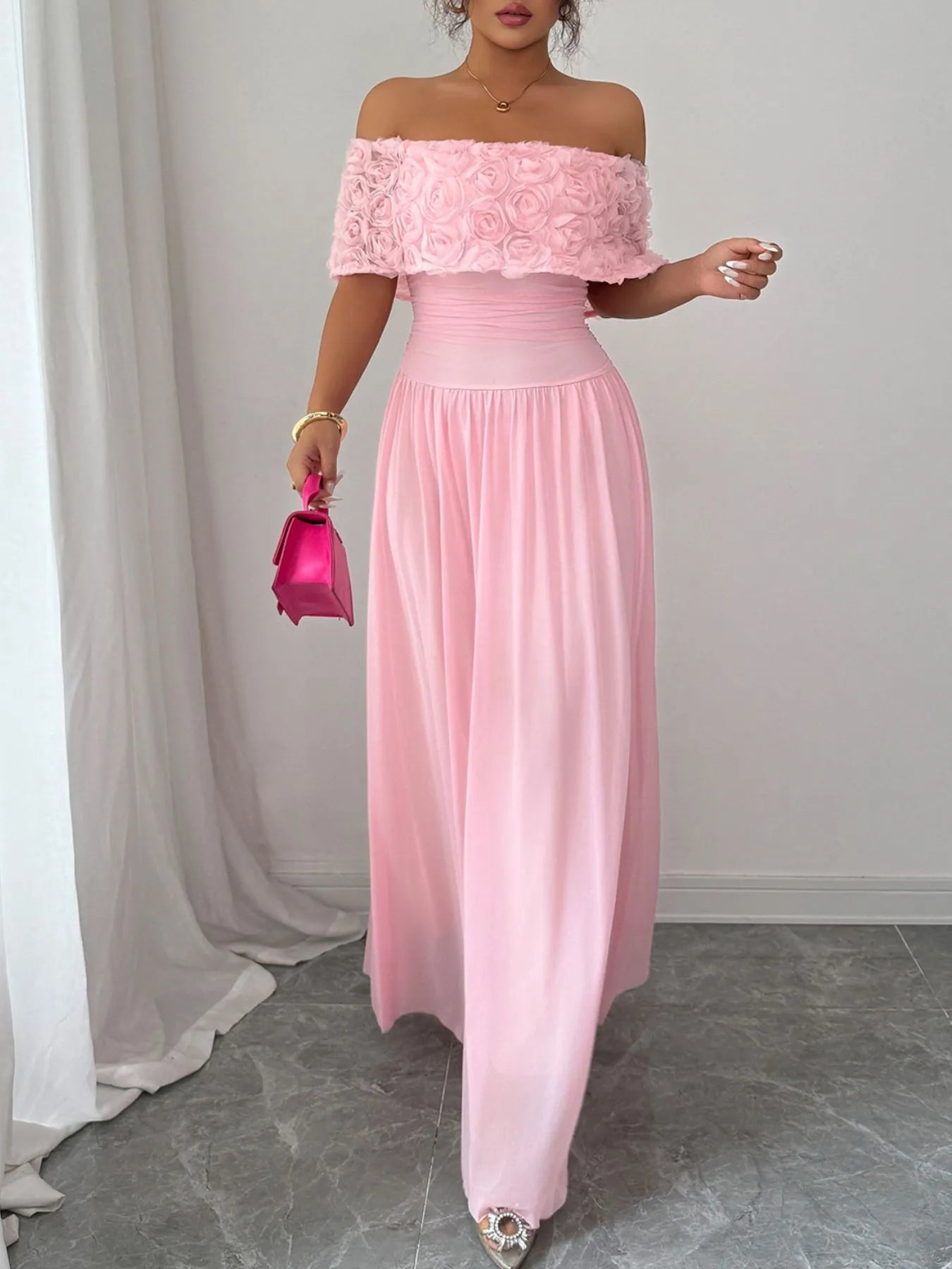 Off-Shoulder Rose Embellished Maxi Dress - DevilShop