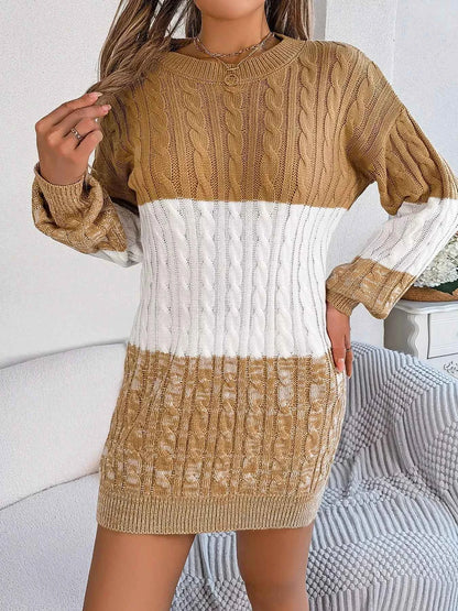 Color Block Cable Knit Sweater Dress with Textured Pattern