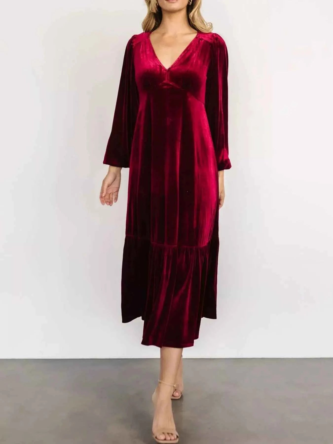 Velvet Tiered Long Sleeve Midi Dress