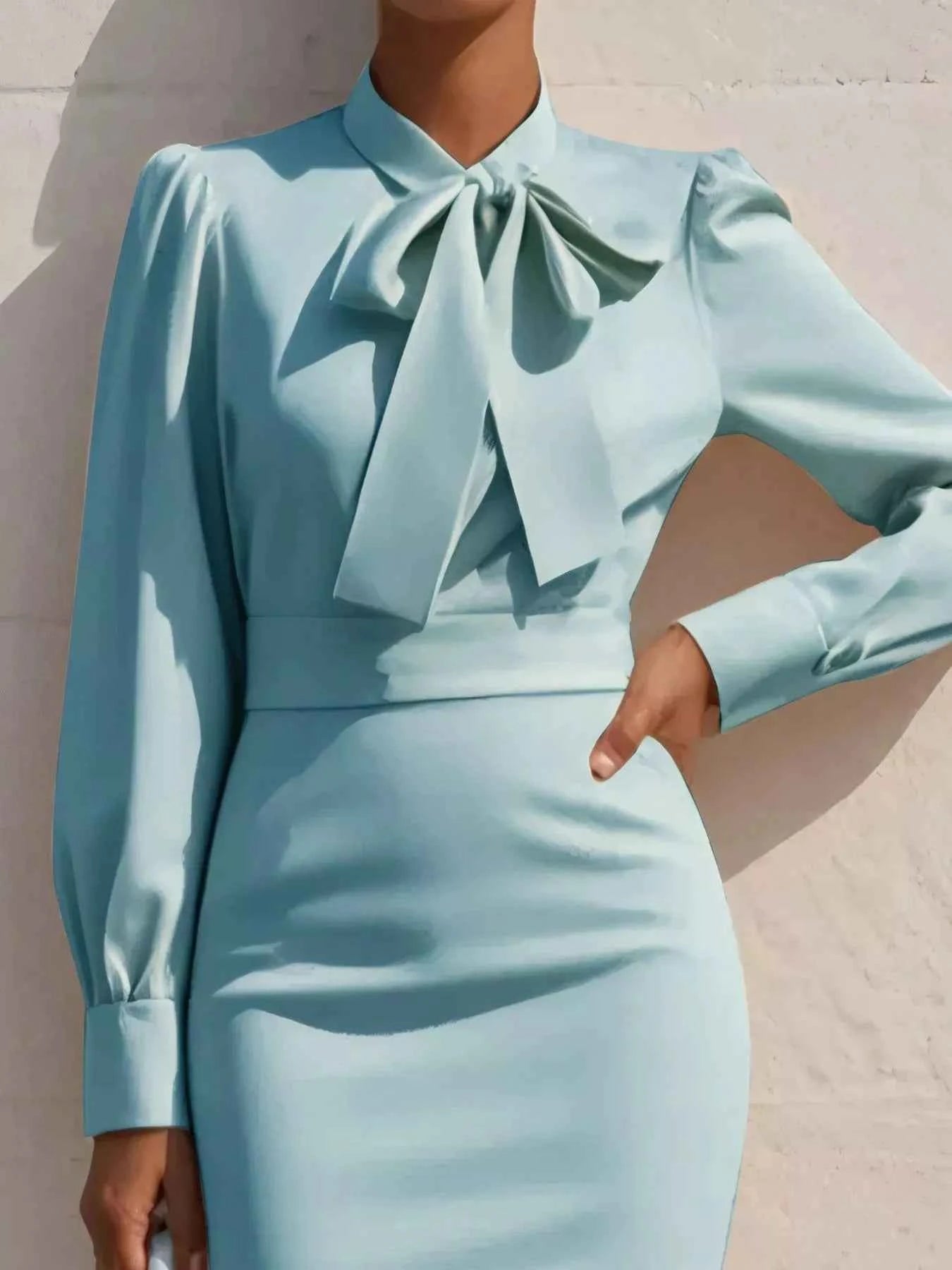 Bow Tie Neck Long Sleeve Bodycon Dress