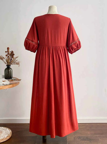 Plus Size Tie Neck Puff Sleeve Midi Dress with Lace Trim