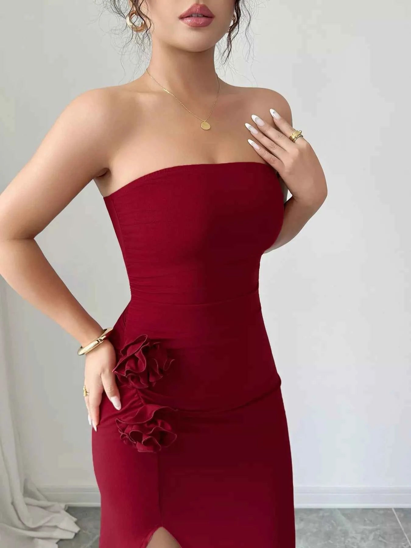 Front Split Strapless Dress with Floral Detail