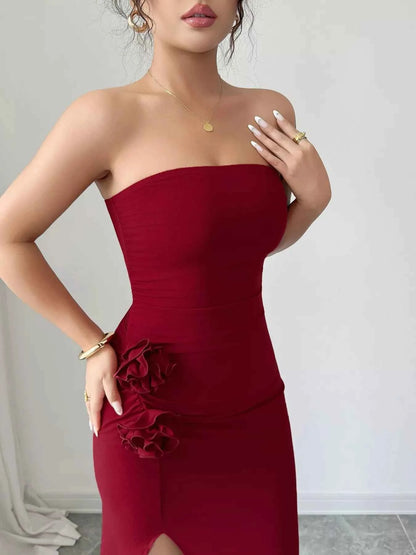 Front Split Strapless Dress with Floral Detail