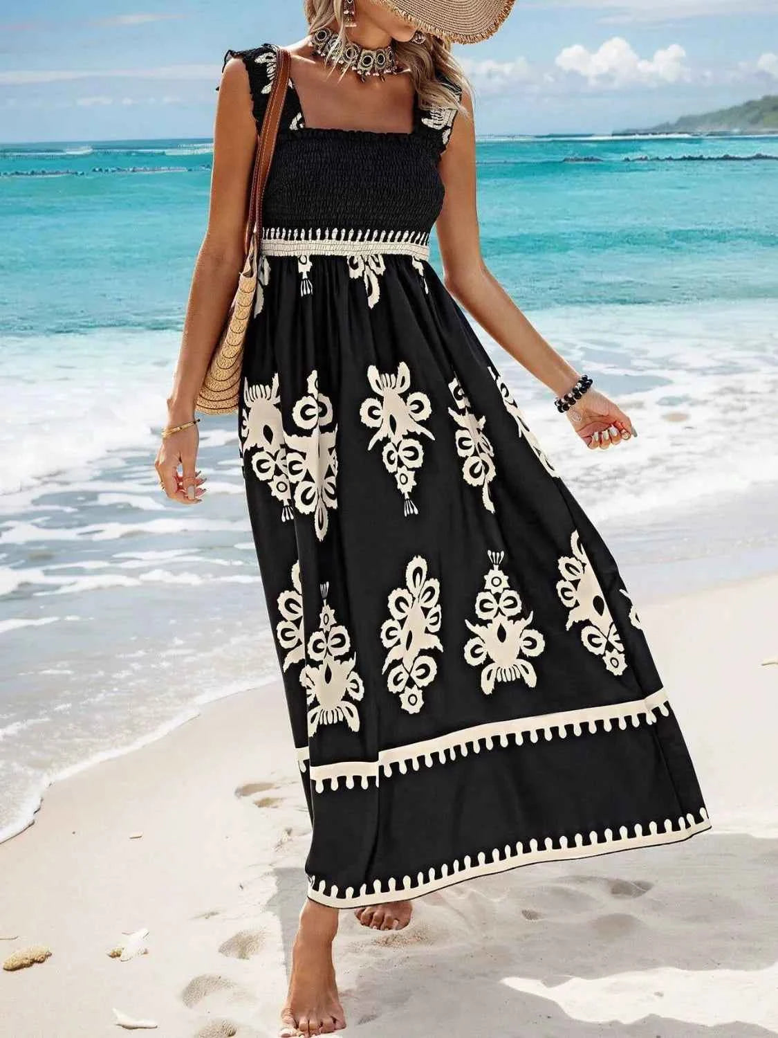 Smocked Printed Wide Strap Maxi Dress - DevilShop