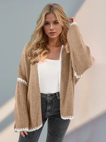 Double Take Contrast Open Front Dropped Shoulder Cardigan - DevilShop