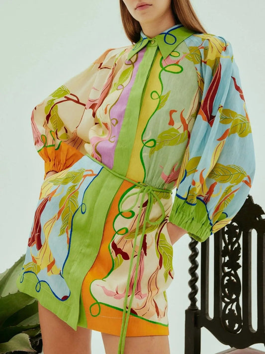 Abstract Print Tie Front Mini Shirt Dress with Pockets - DevilShop