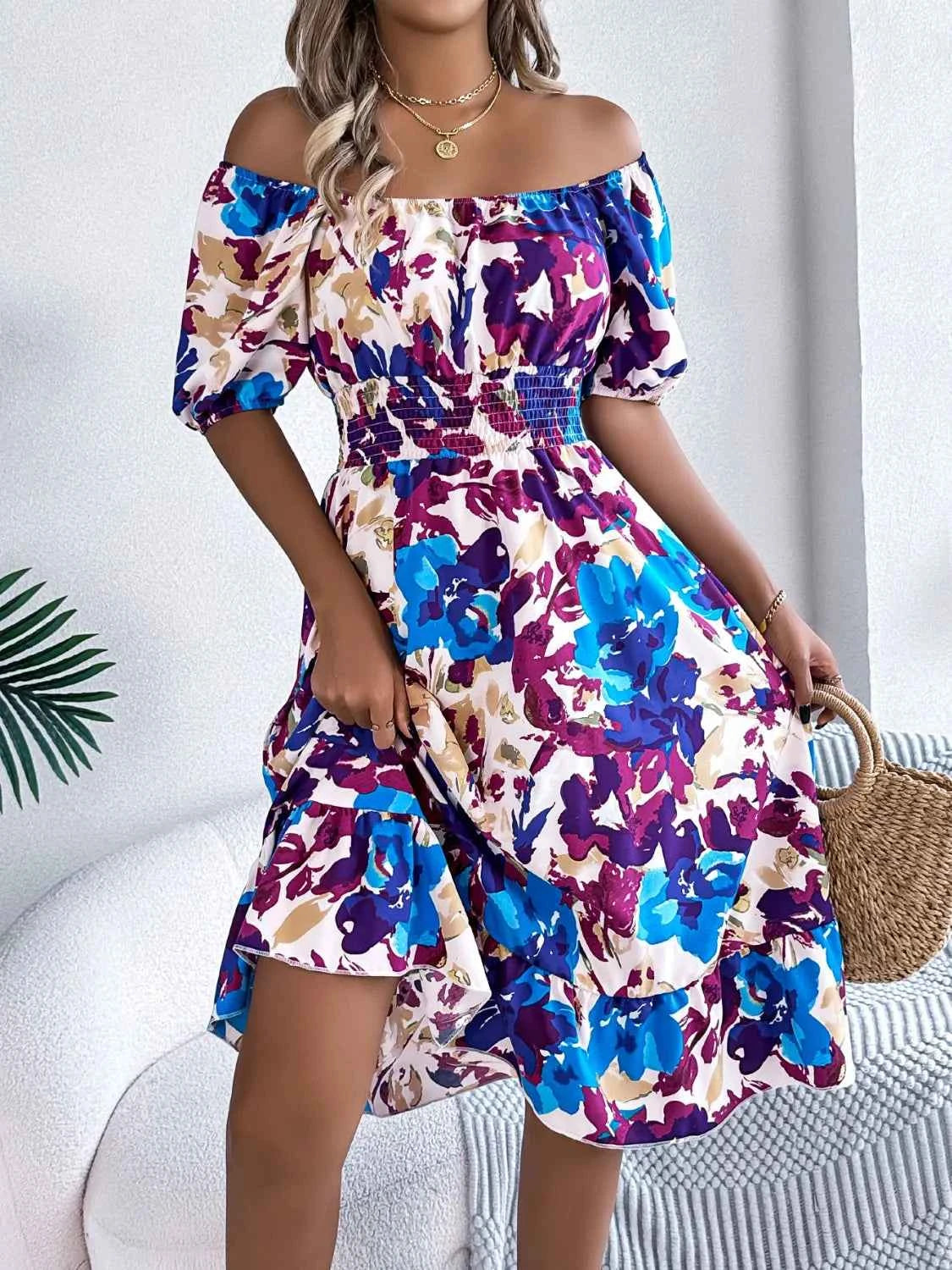 Ruffled Hem Smocked Floral Short Sleeve Midi Dress - DevilShop