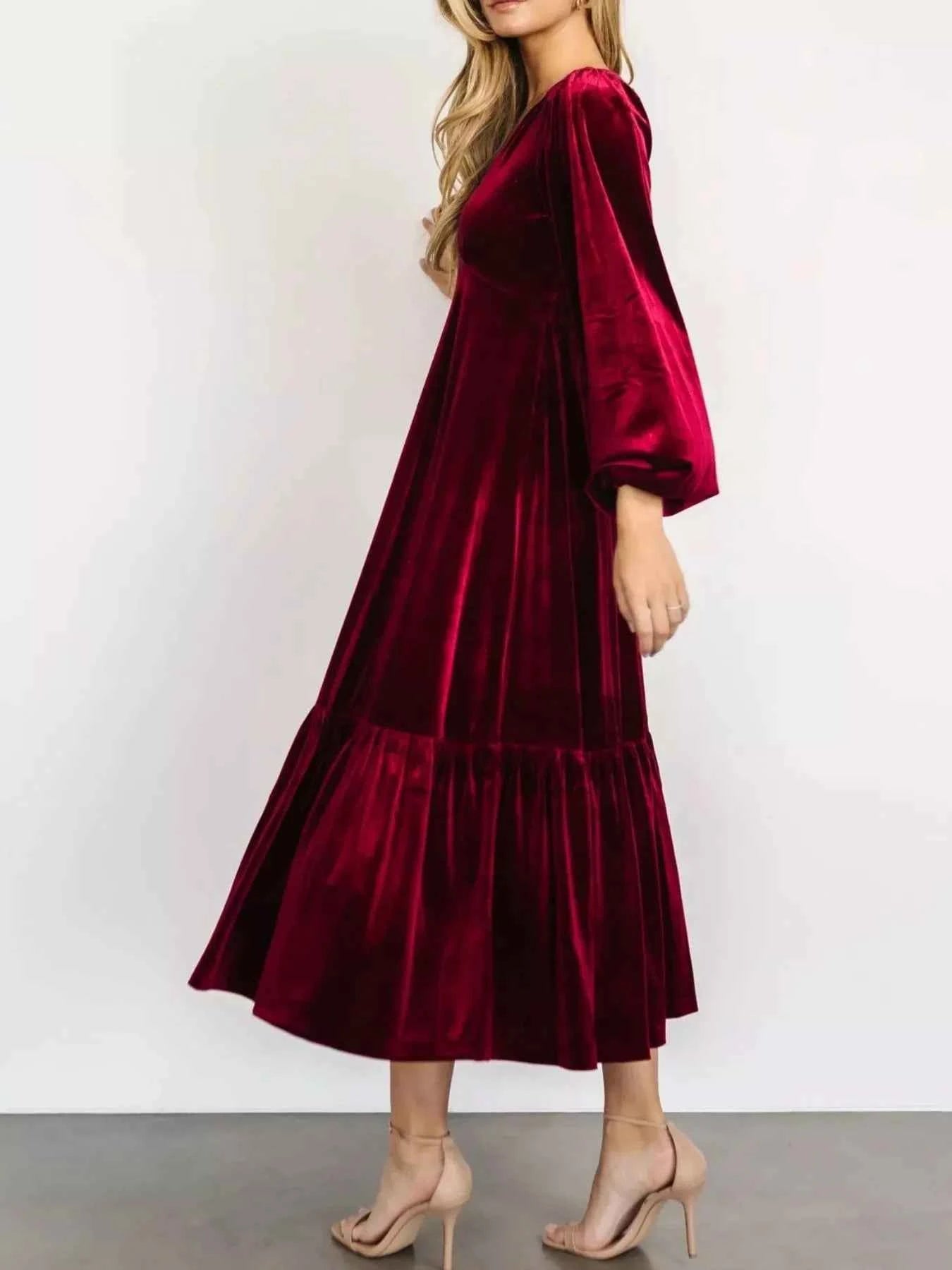 Velvet Tiered Long Sleeve Midi Dress