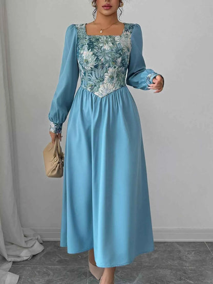 Floral Square Neck Lantern Sleeve Dress