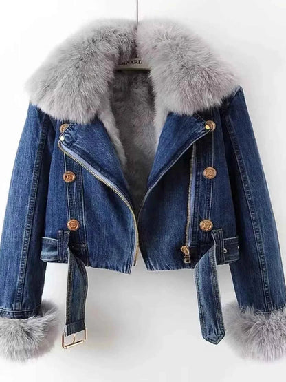 Full Size Faux Fur Collar Denim Jacket Plus Size