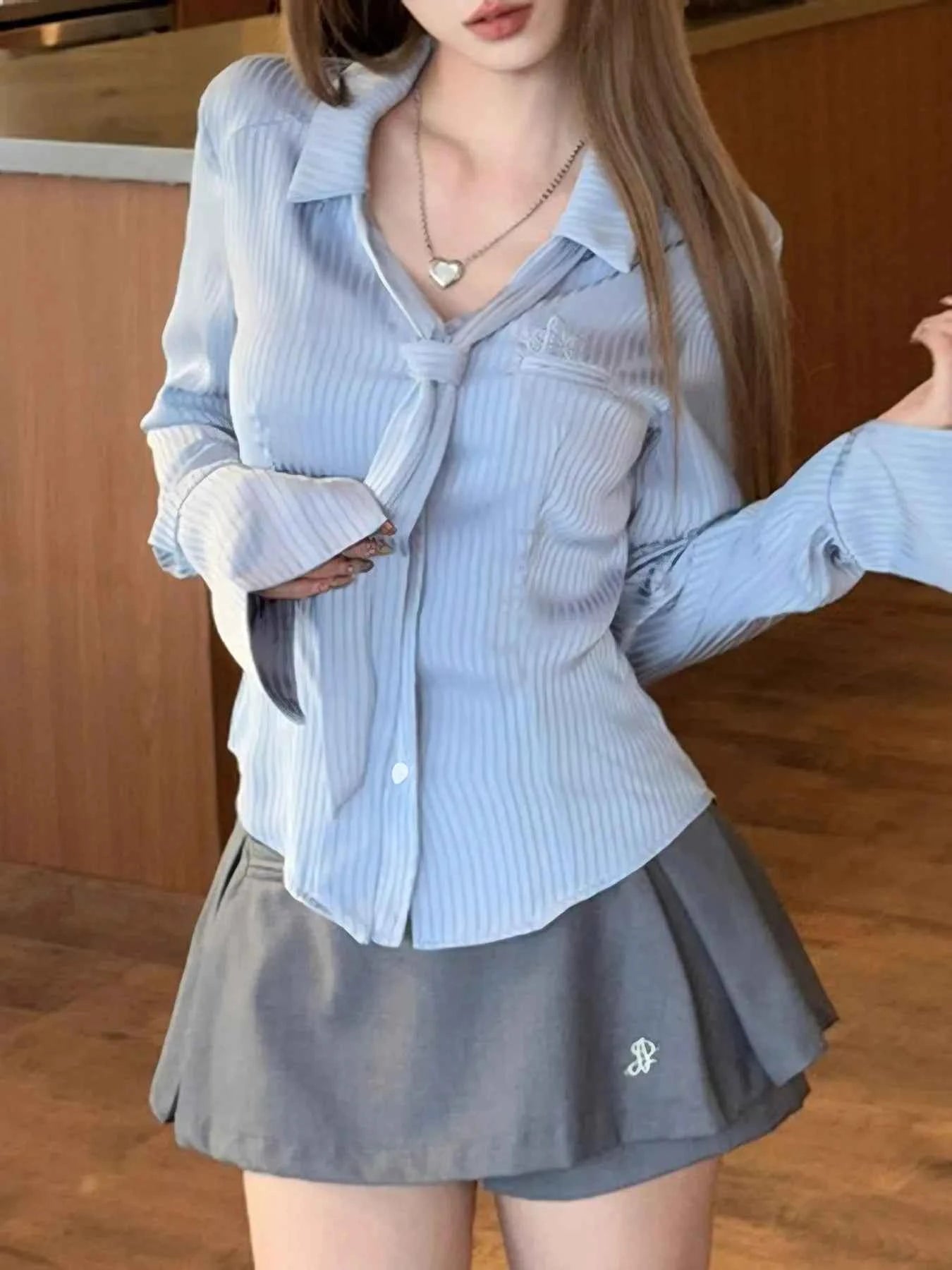 Button-Up Long Sleeve Shirt with Tie - DevilShop