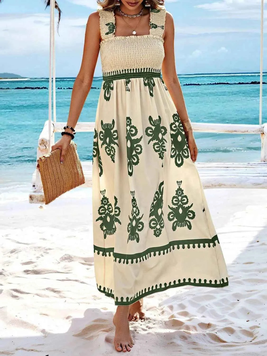 Smocked Printed Wide Strap Maxi Dress - DevilShop