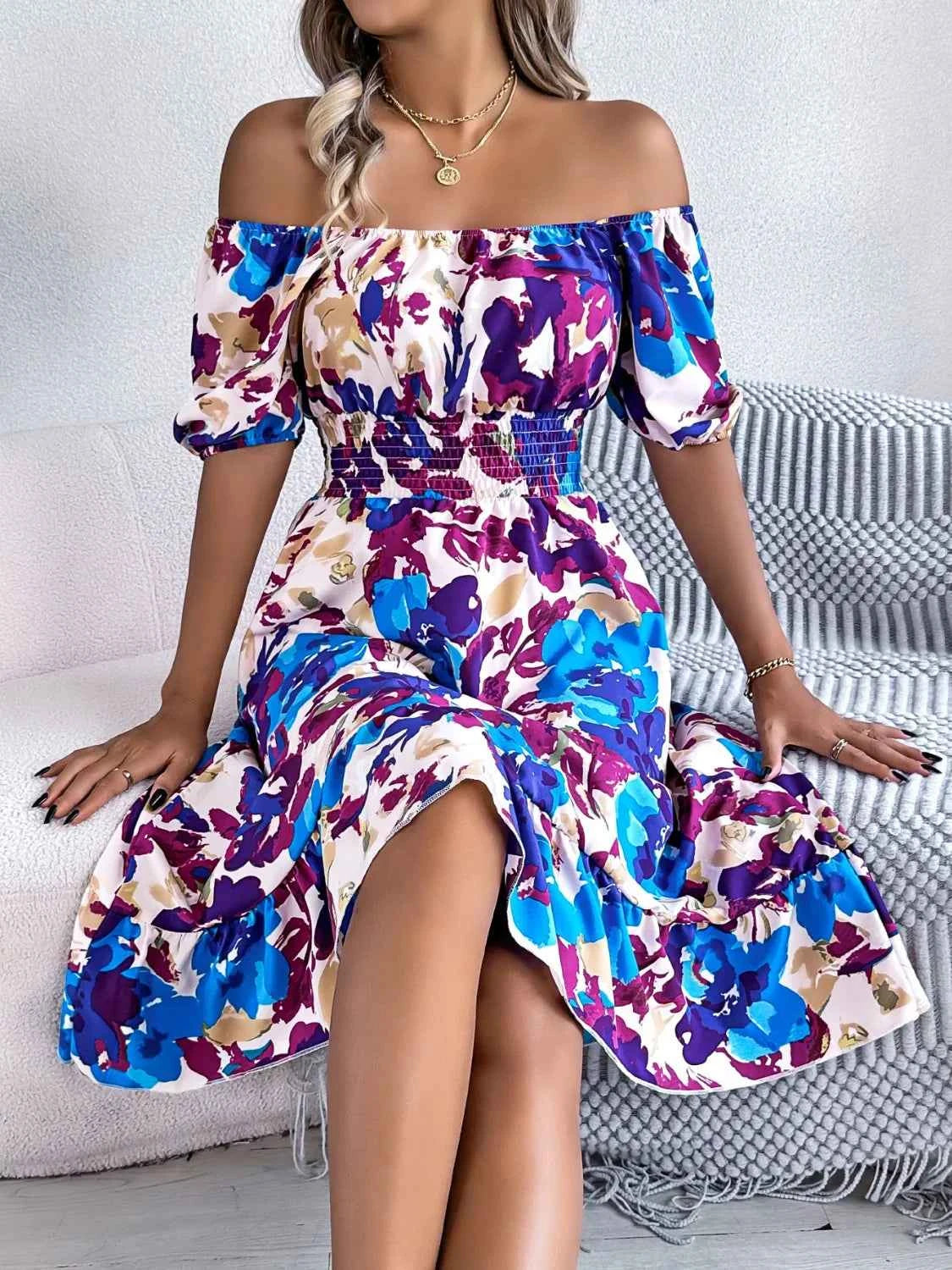 Ruffled Hem Smocked Floral Short Sleeve Midi Dress - DevilShop