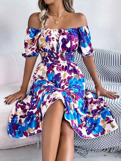 Ruffled Hem Smocked Floral Short Sleeve Midi Dress - DevilShop