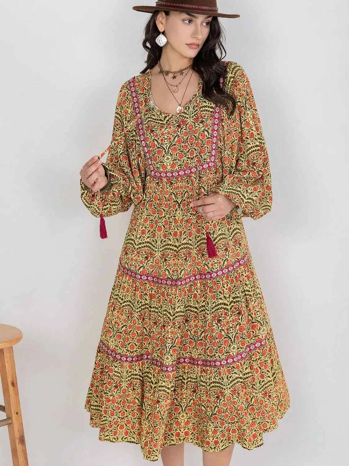 Floral Tiered Midi Dress with Balloon Sleeves