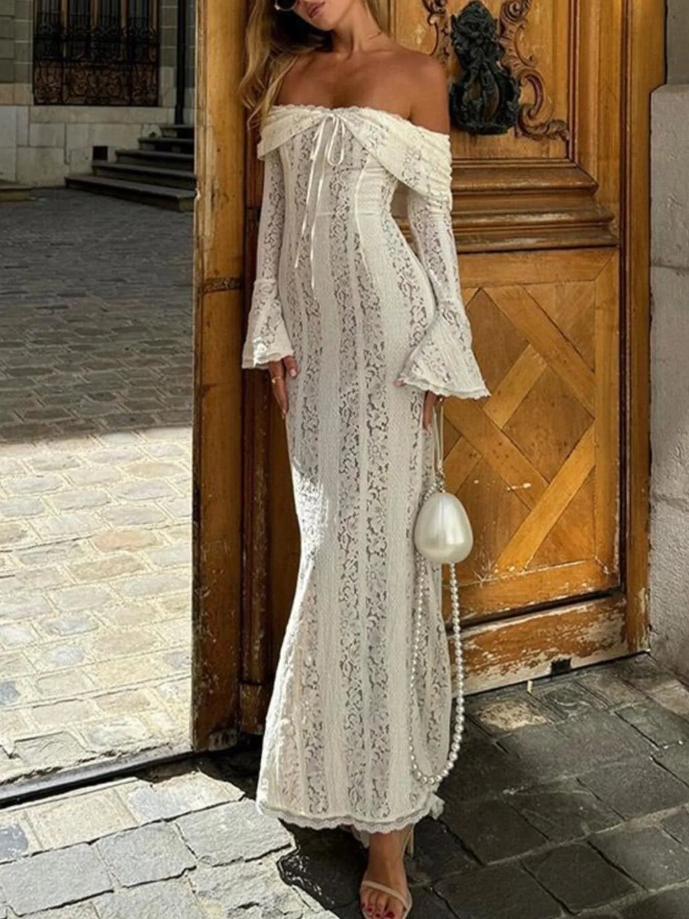 Lace Off-Shoulder Flounce Sleeve Maxi Dress - DevilShop