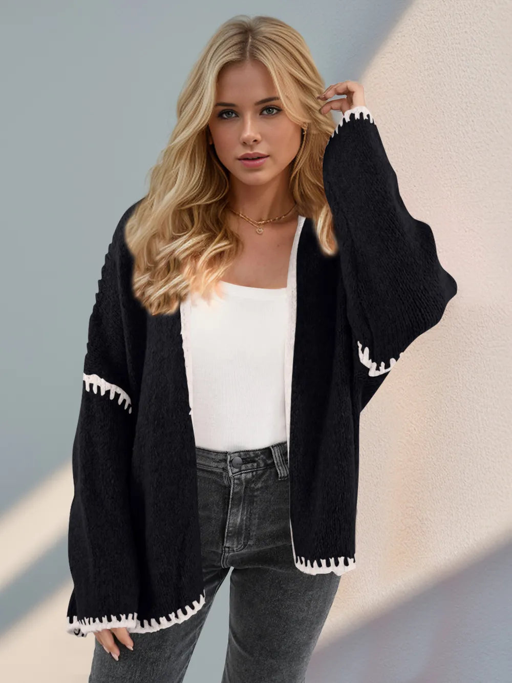 Double Take Contrast Open Front Dropped Shoulder Cardigan - DevilShop