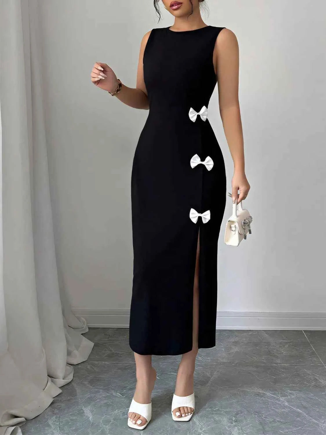 Bow Slit Round Neck Sleeveless Dress - DevilShop