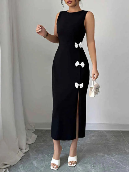 Bow Slit Round Neck Sleeveless Dress - DevilShop