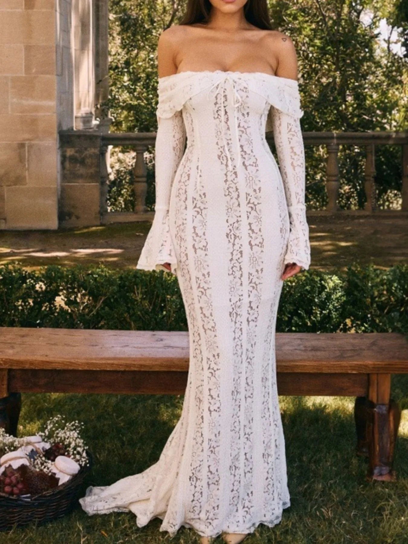 Lace Off-Shoulder Flounce Sleeve Maxi Dress - DevilShop