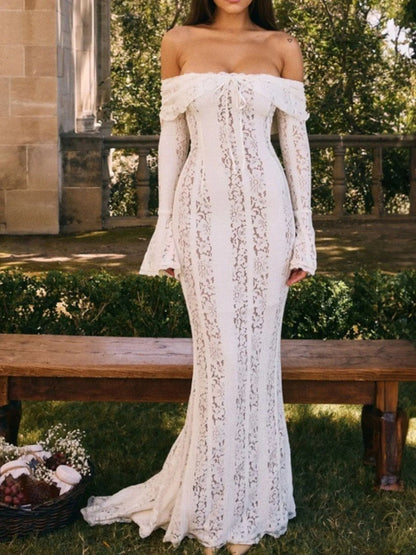 Lace Off-Shoulder Flounce Sleeve Maxi Dress - DevilShop
