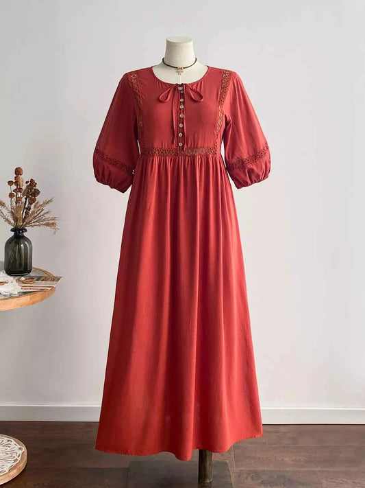 Plus Size Tie Neck Puff Sleeve Midi Dress with Lace Trim