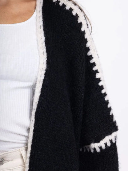Double Take Contrast Open Front Dropped Shoulder Cardigan - DevilShop