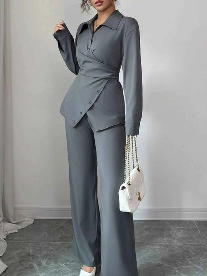 Back Tie Wrap Blazer and Wide Leg Pants Set