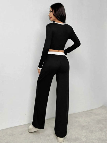 Contrast Trim Crop Top and Wide Leg Pants Set