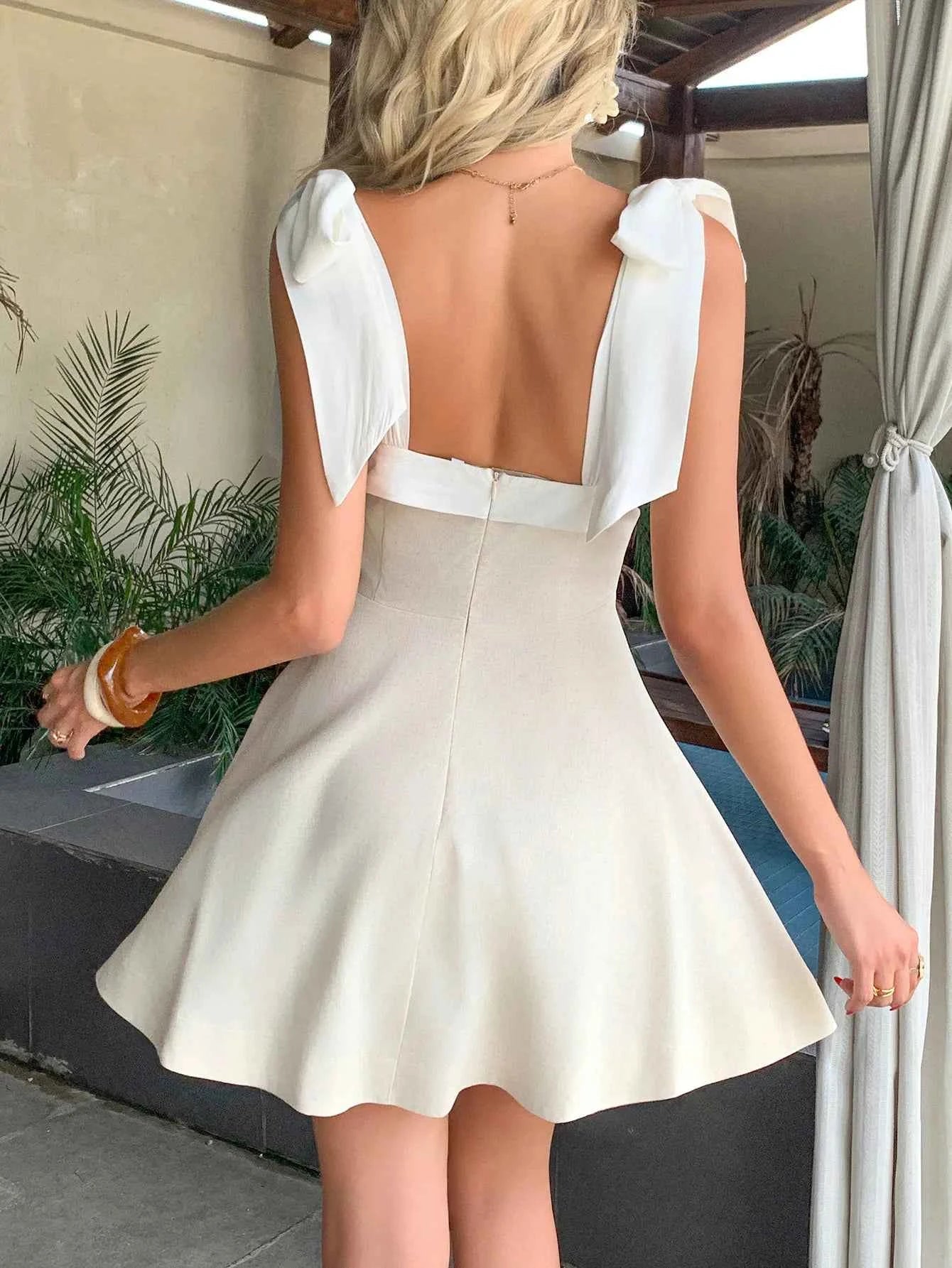 Square Neck Tie Shoulder Dress - DevilShop
