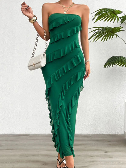 Devine Ruffled Slit Back Tube Maxi Dress - DevilShop