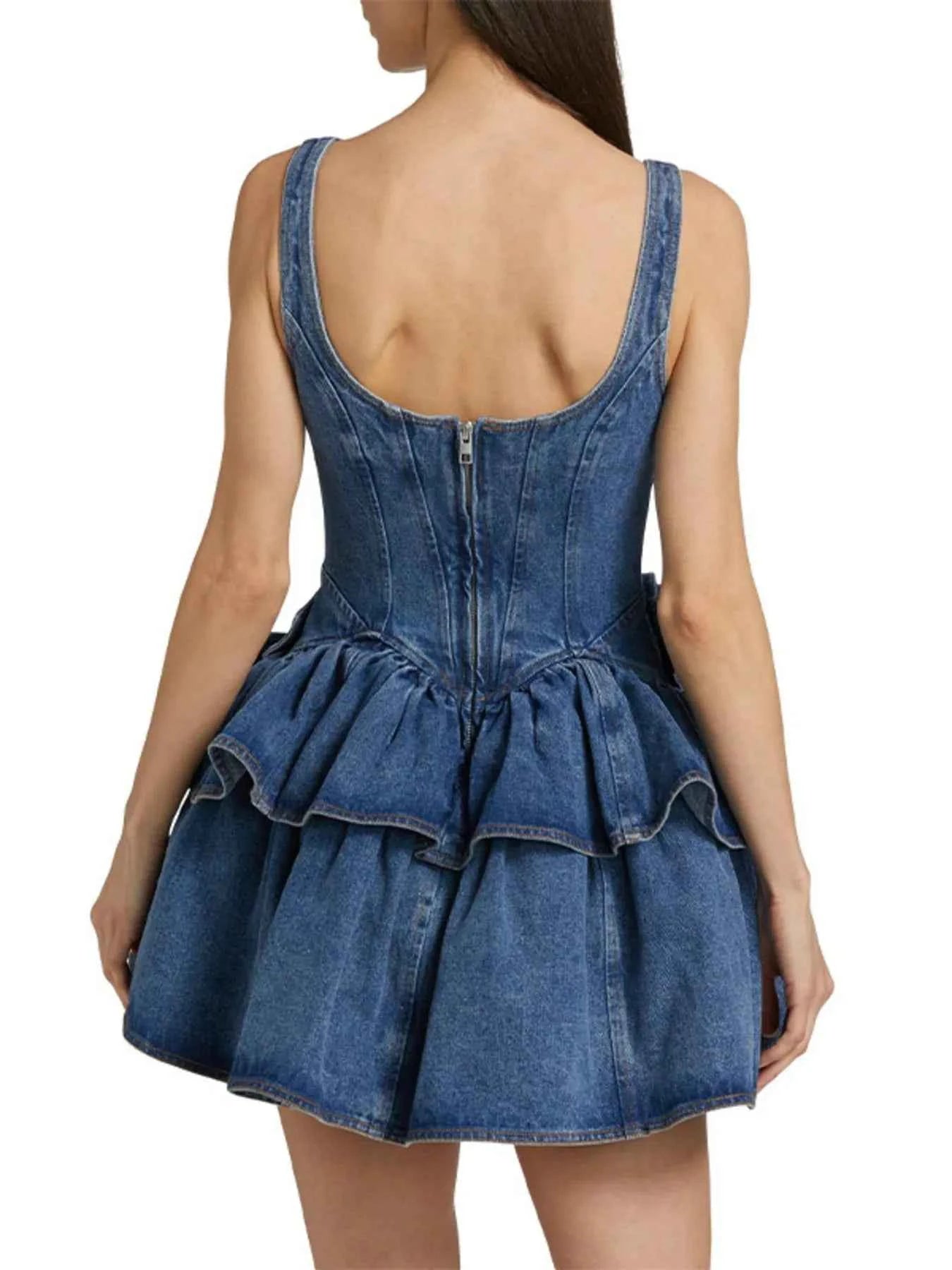 Robe en jean à volants et col rond superposés - DevilShop