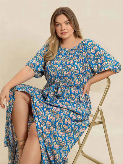 Plus Size Floral Print Maxi Dress with Side Slit