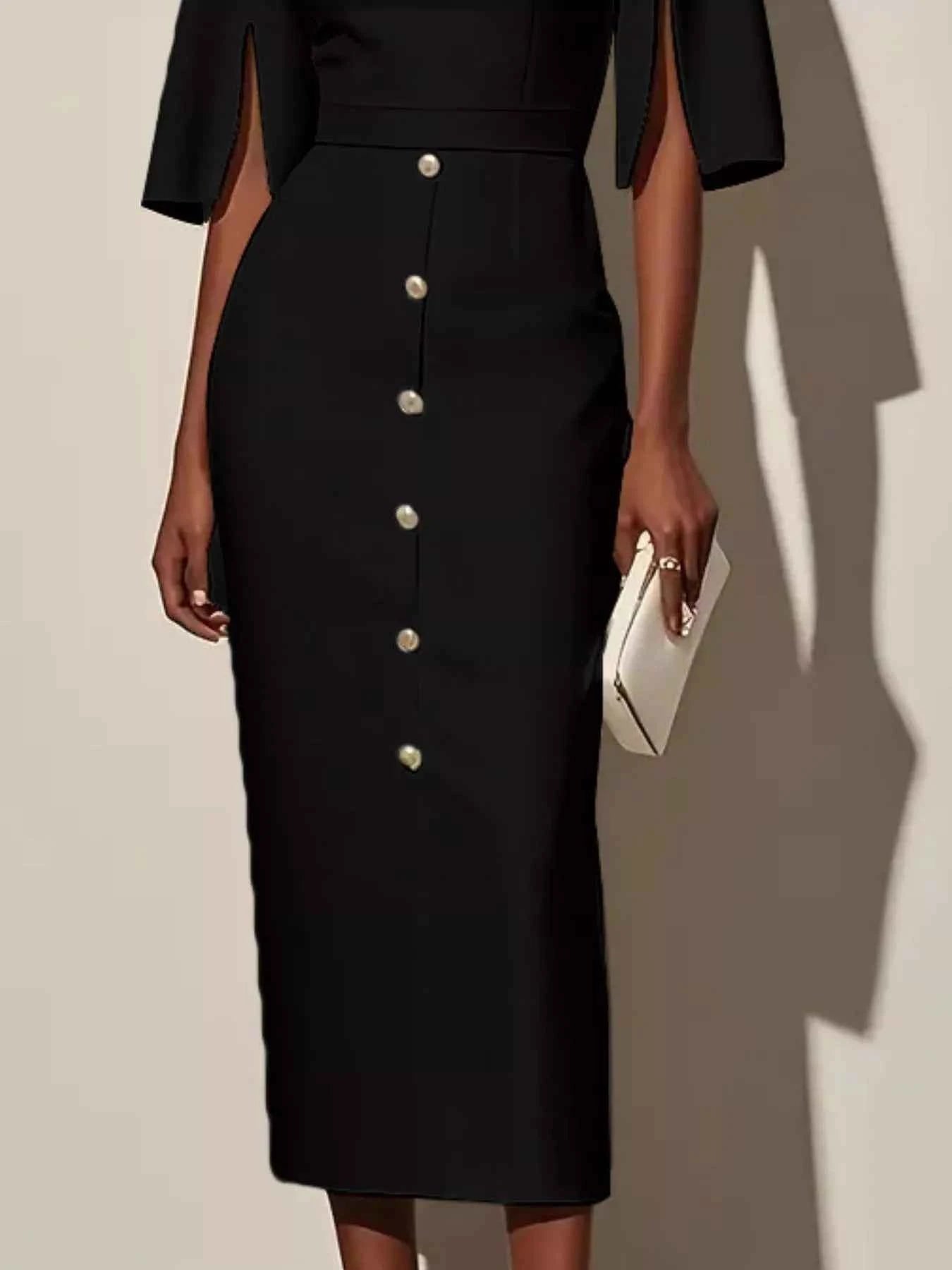 Slit Sleeve Midi Dress with Decorative Button