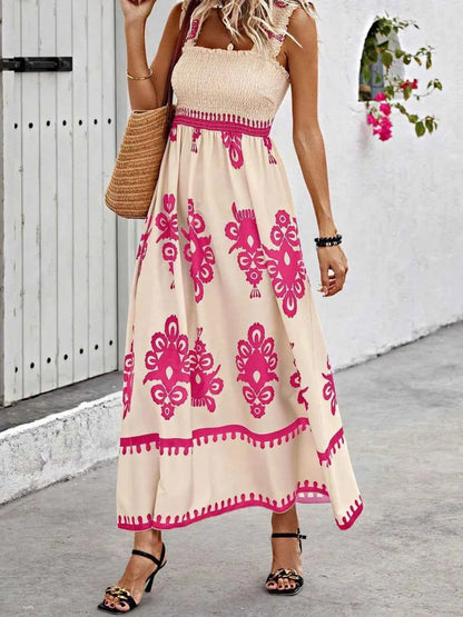 Smocked Printed Wide Strap Maxi Dress - DevilShop