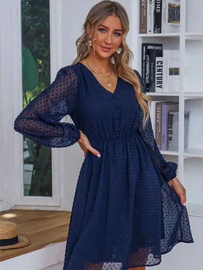 Swiss Dot V-Neck Balloon Sleeve Dress - DevilShop