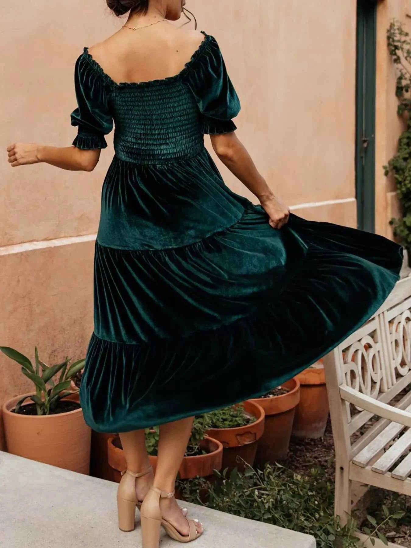 Velvet Smocked Tiered Midi Dress