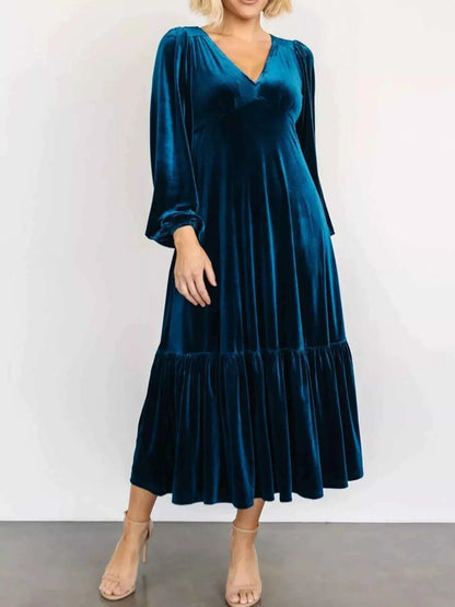 Velvet Tiered Long Sleeve Midi Dress