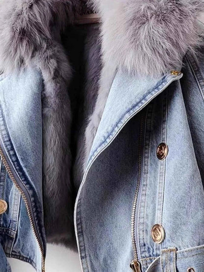Full Size Faux Fur Collar Denim Jacket Plus Size