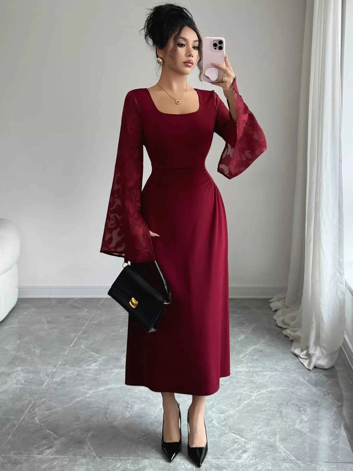 Square Neck Flare Sleeve Midi Dress