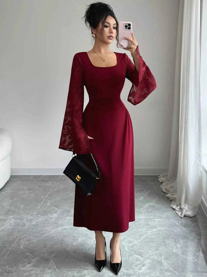 Square Neck Flare Sleeve Midi Dress