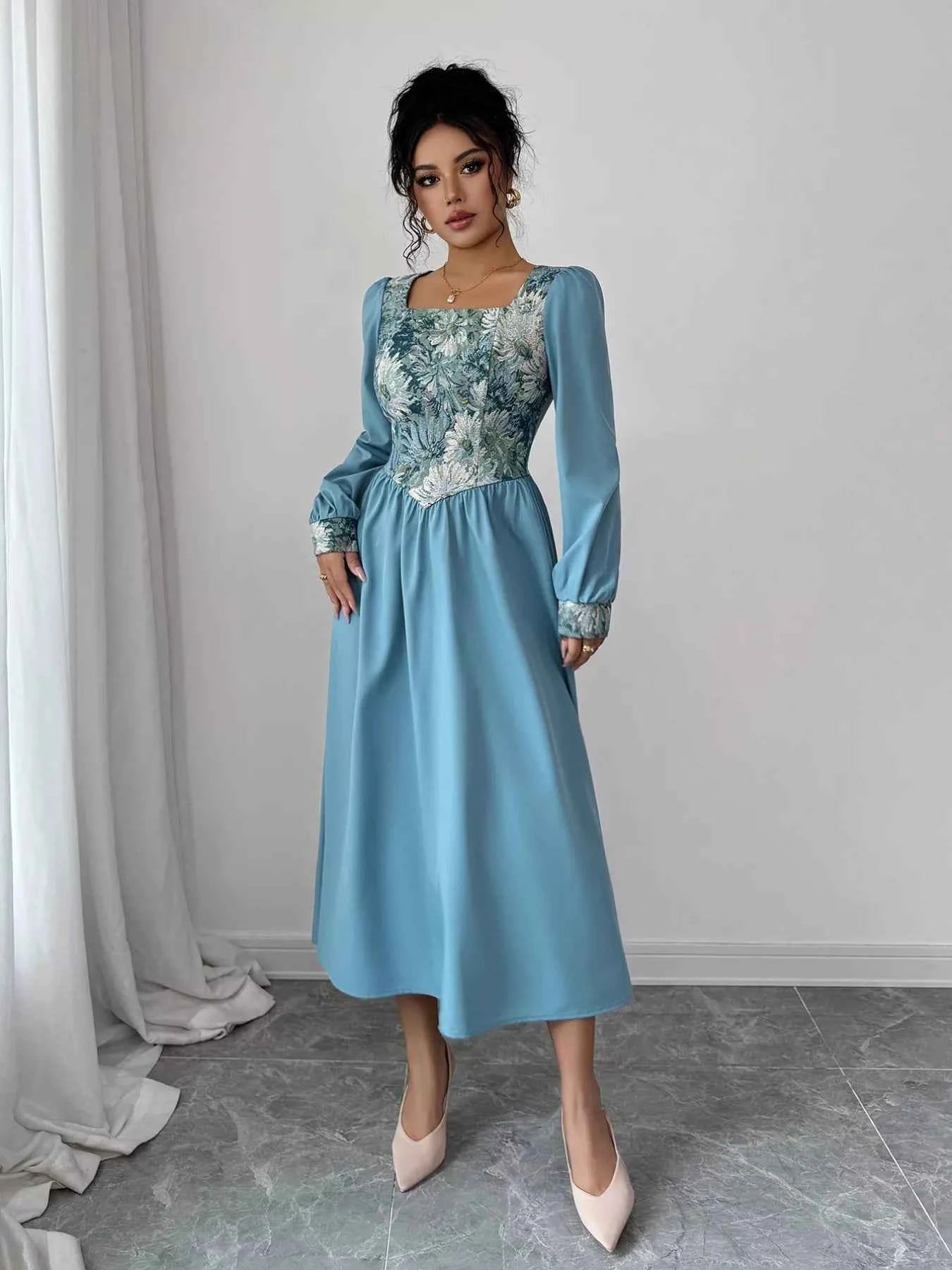 Floral Square Neck Lantern Sleeve Dress