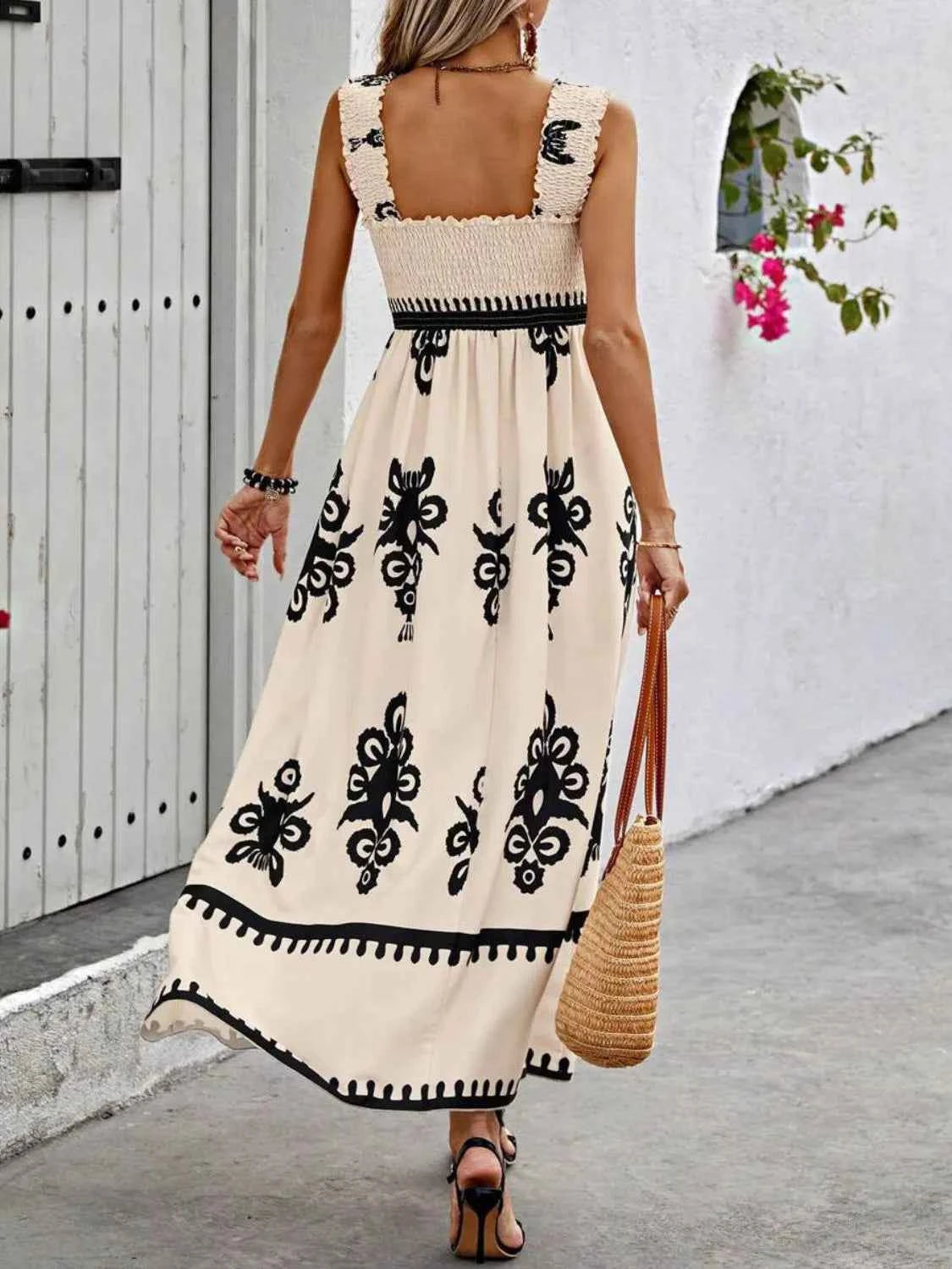 Smocked Printed Wide Strap Maxi Dress - DevilShop
