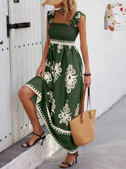 Smocked Printed Wide Strap Maxi Dress - DevilShop