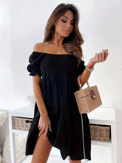 Robe à volants épaules dénudées avec manches courtes - DevilShop