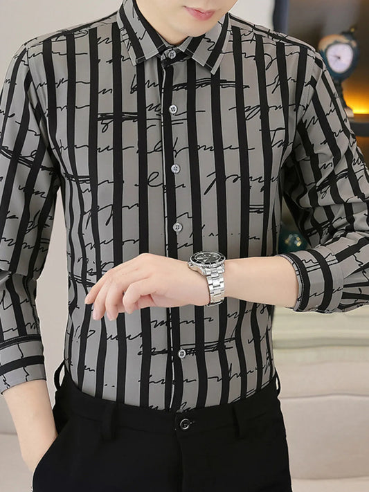 Men's Plus Size Striped Button Up Long Sleeve Shirt - DevilShop