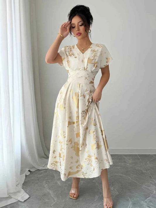 Printed V-Neck Short Sleeve Dress - DevilShop
