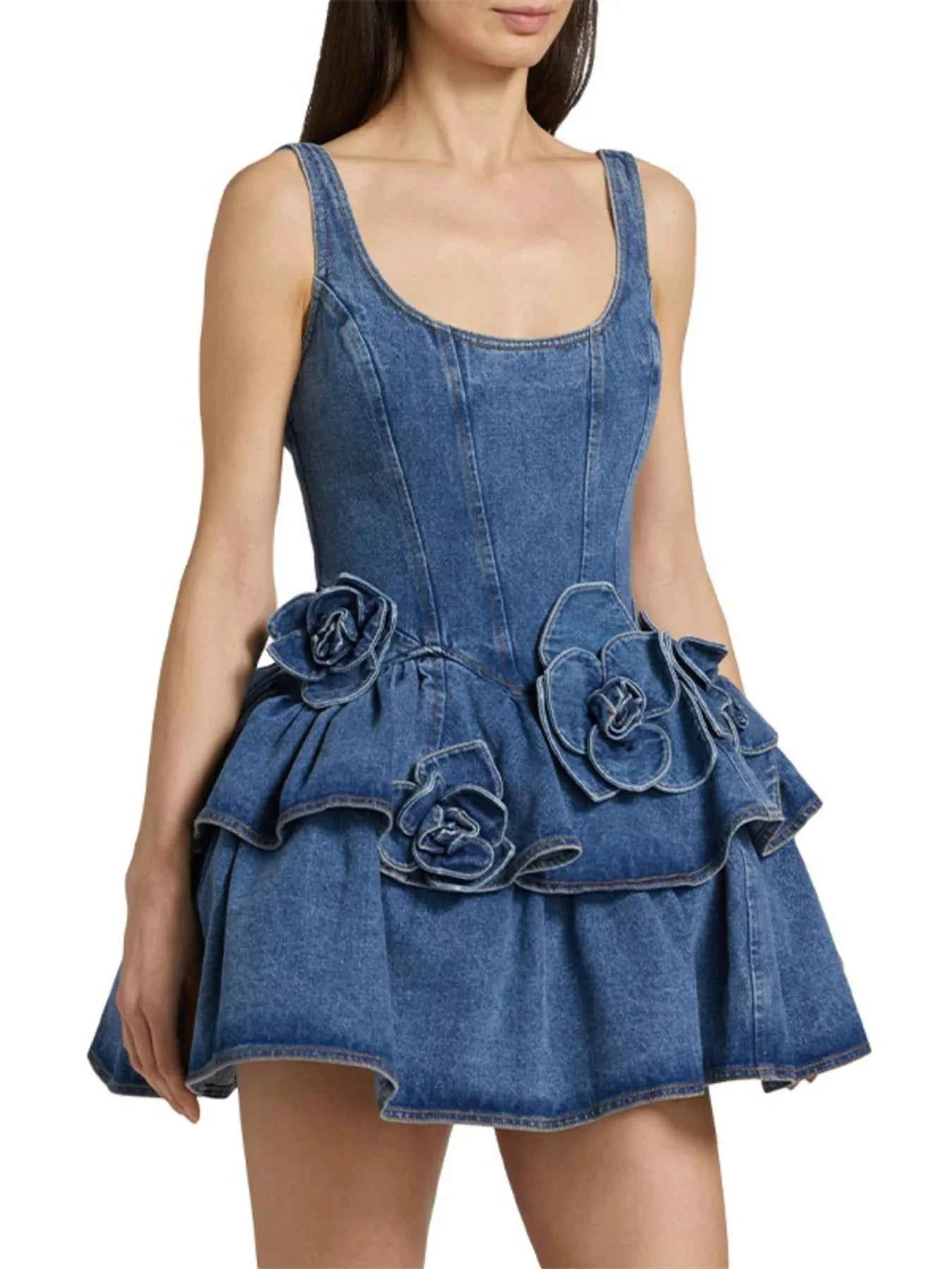 Robe en jean à volants et col rond superposés - DevilShop
